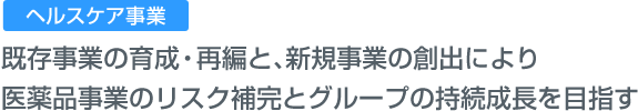 ヘルスケア事業 既存事業の育成・再編と、新規事業の創出により医薬品事業のリスク補完とグループの持続成長を目指す